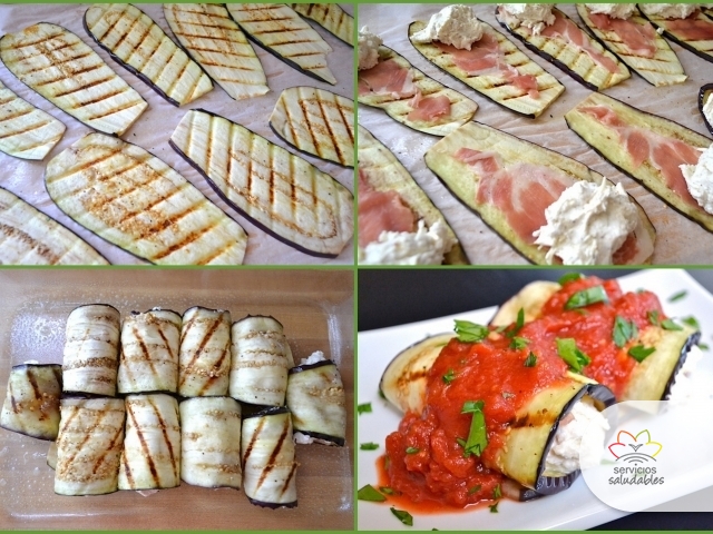 LUNES SALUDABLE CON CANELONES DE BERENJENAS, RICOTA Y JAMÓN CRUDO LUNES SALUDABLE CON CANELONES DE BERENJENAS, RICOTA Y JAMÓN CRUDO